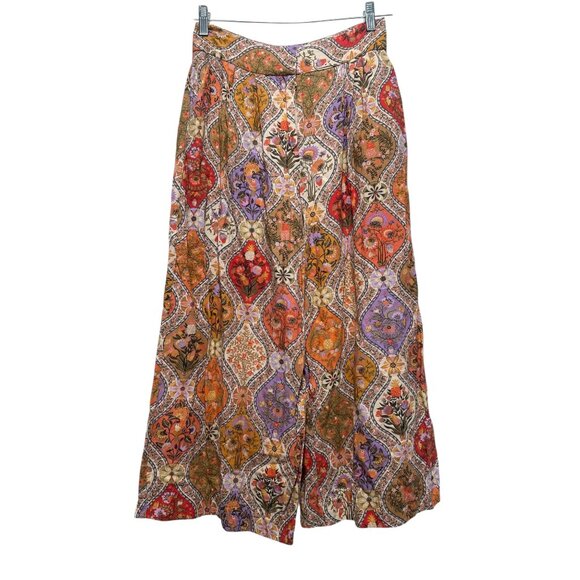 Farm Rio Toscana Pleated Wide Leg Pants Womens Small Orange Linen High Rise Boho - Picture 5 of 16